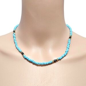 Handmade Beaded Choker Necklace 17" Turquoise Blue Seed Bead Gold Black Boho